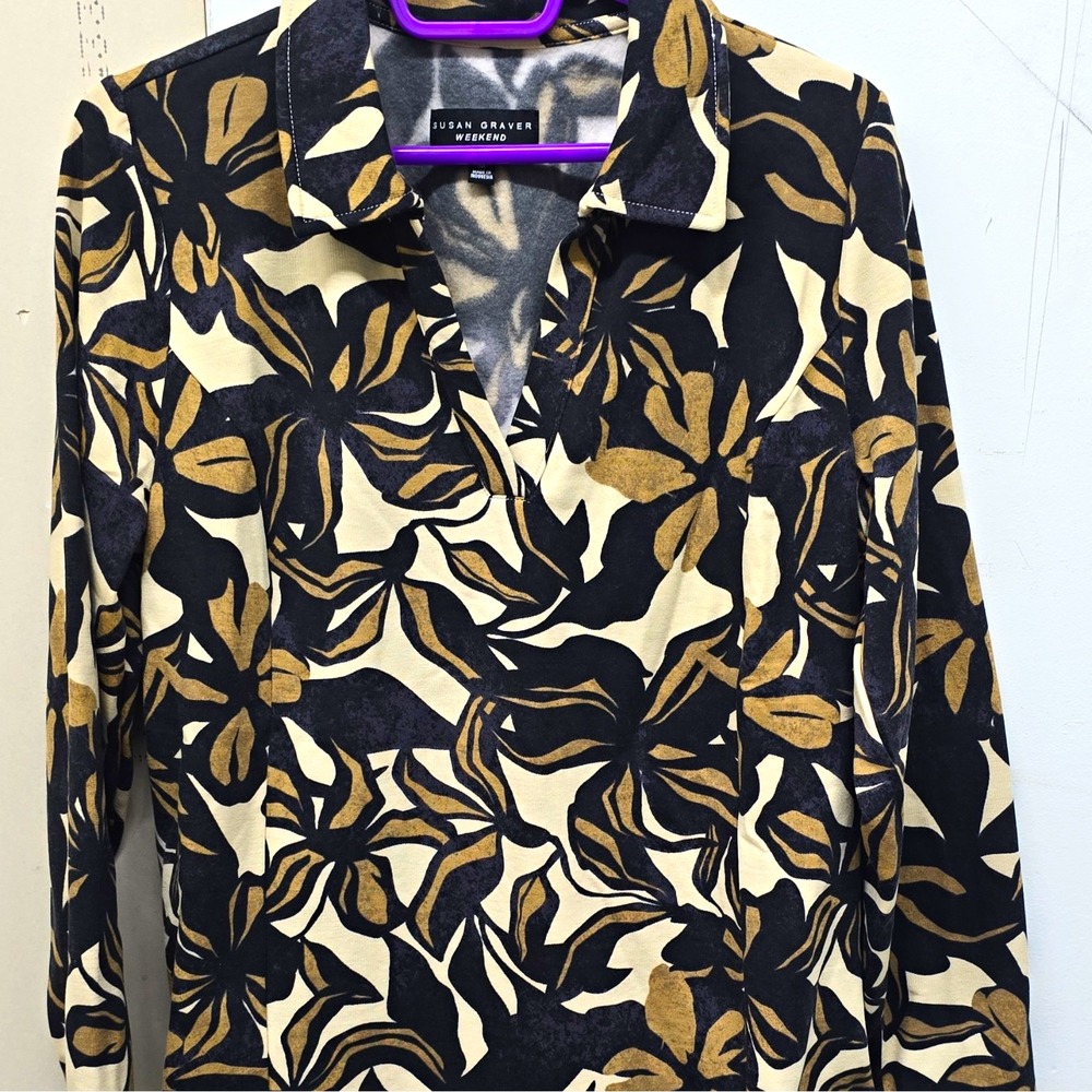 Susan Graver Weekend Womens M Floral Long Sleeve Collared Pullover Top Black Tan